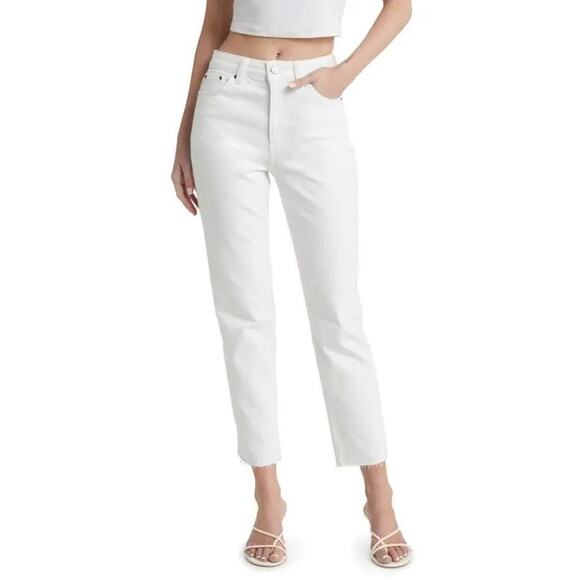 Topshop Straight Leg White Jeans, Raw Frayed Hem, Gold Rivets, Sz 8, NWT - Picture 2 of 12